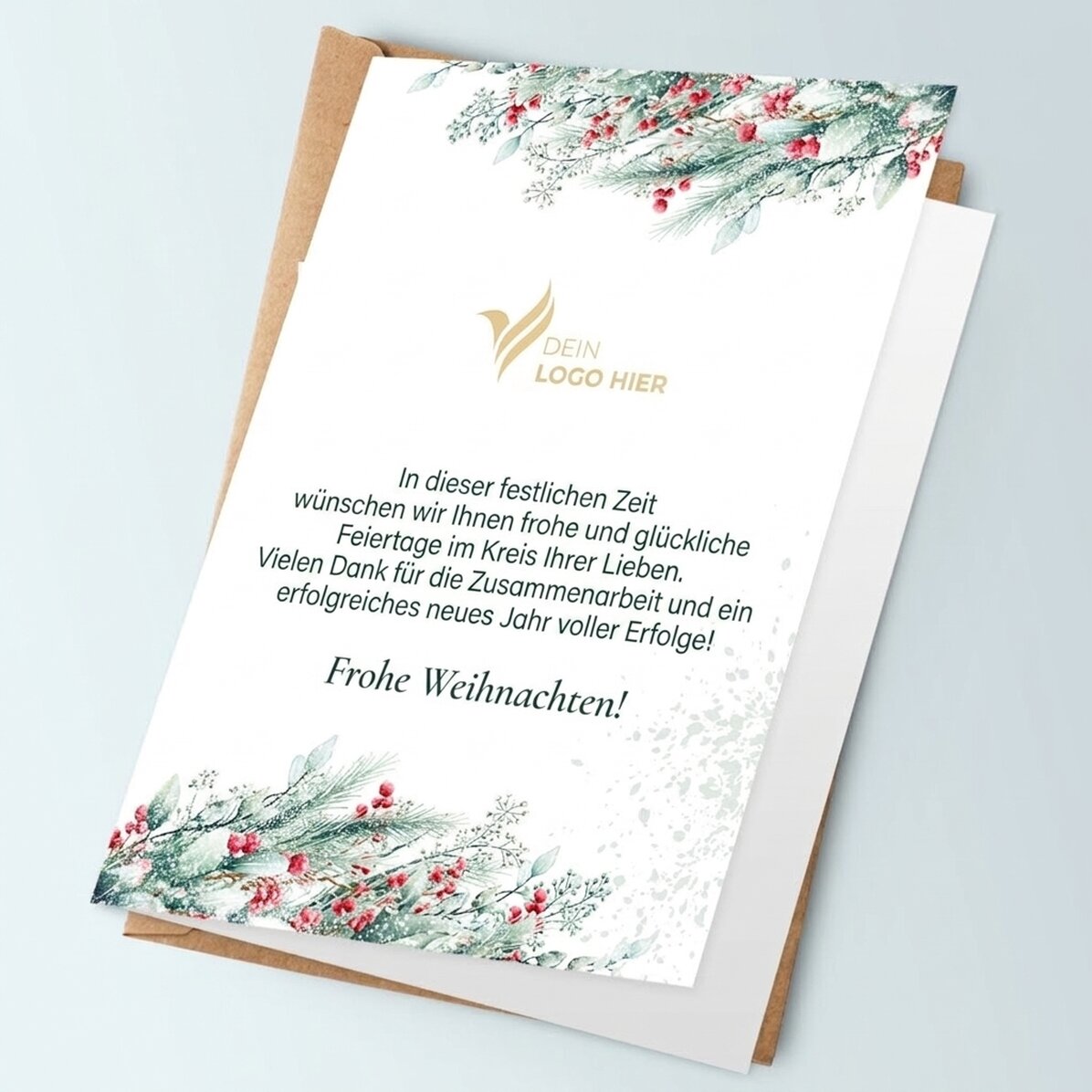 Personalisierte Grußkarte, Vorderseite und Rückseite mit Text und Logo – Frohe Weihnachten!