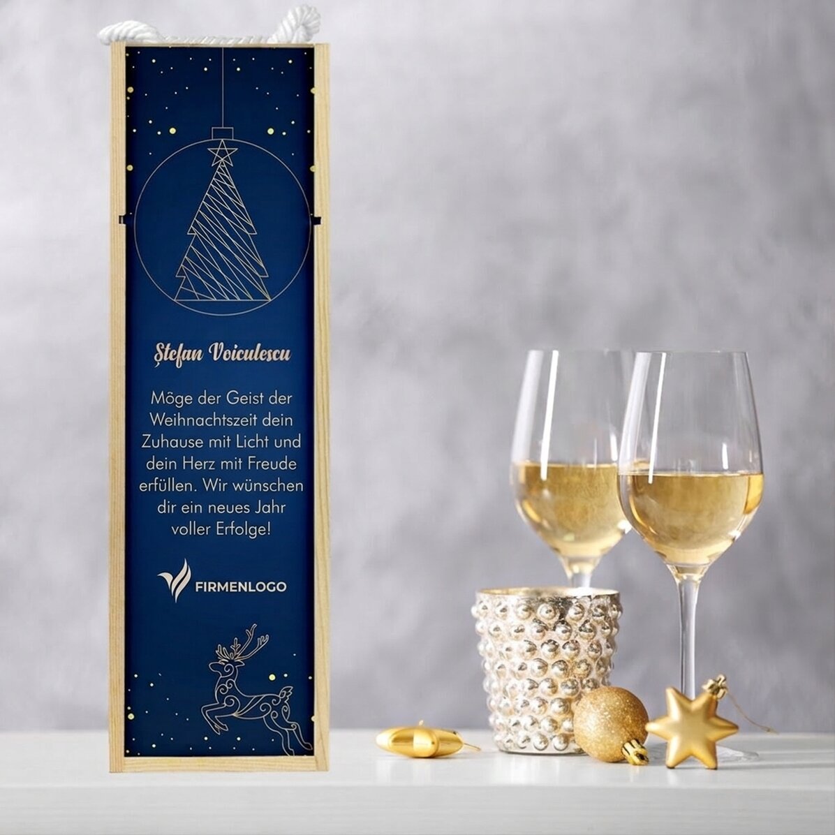 Personalisierte Weinkiste mit Logo und Botschaft – Gold