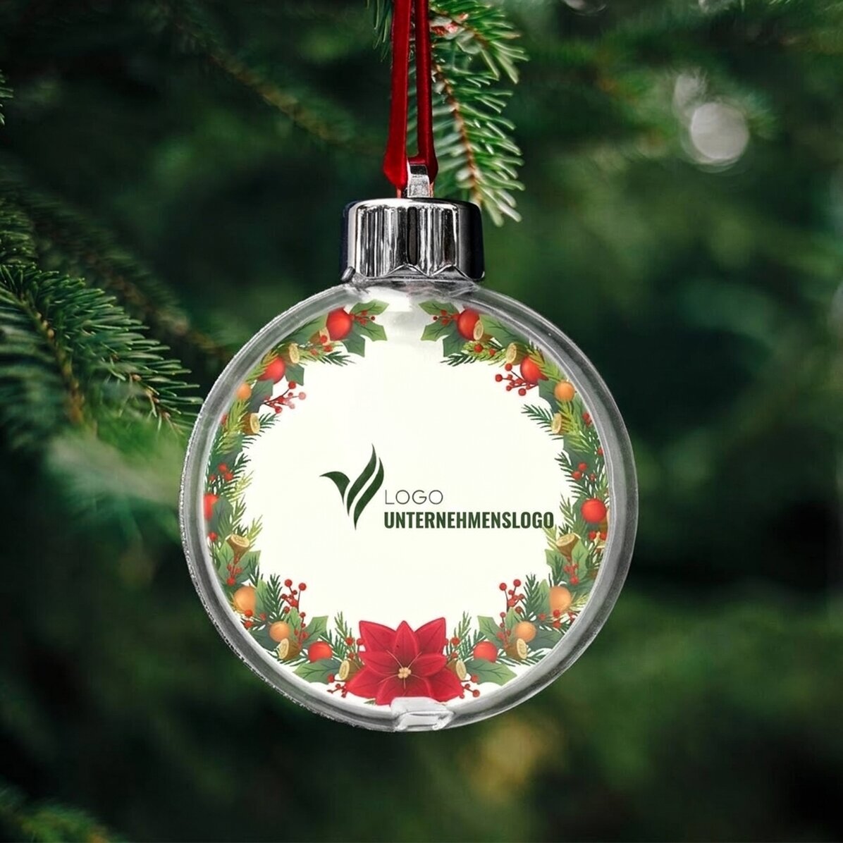 Personalisierte Kugel, beidseitig bedruckt mit Logo und Botschaft – Frohe Weihnachten!