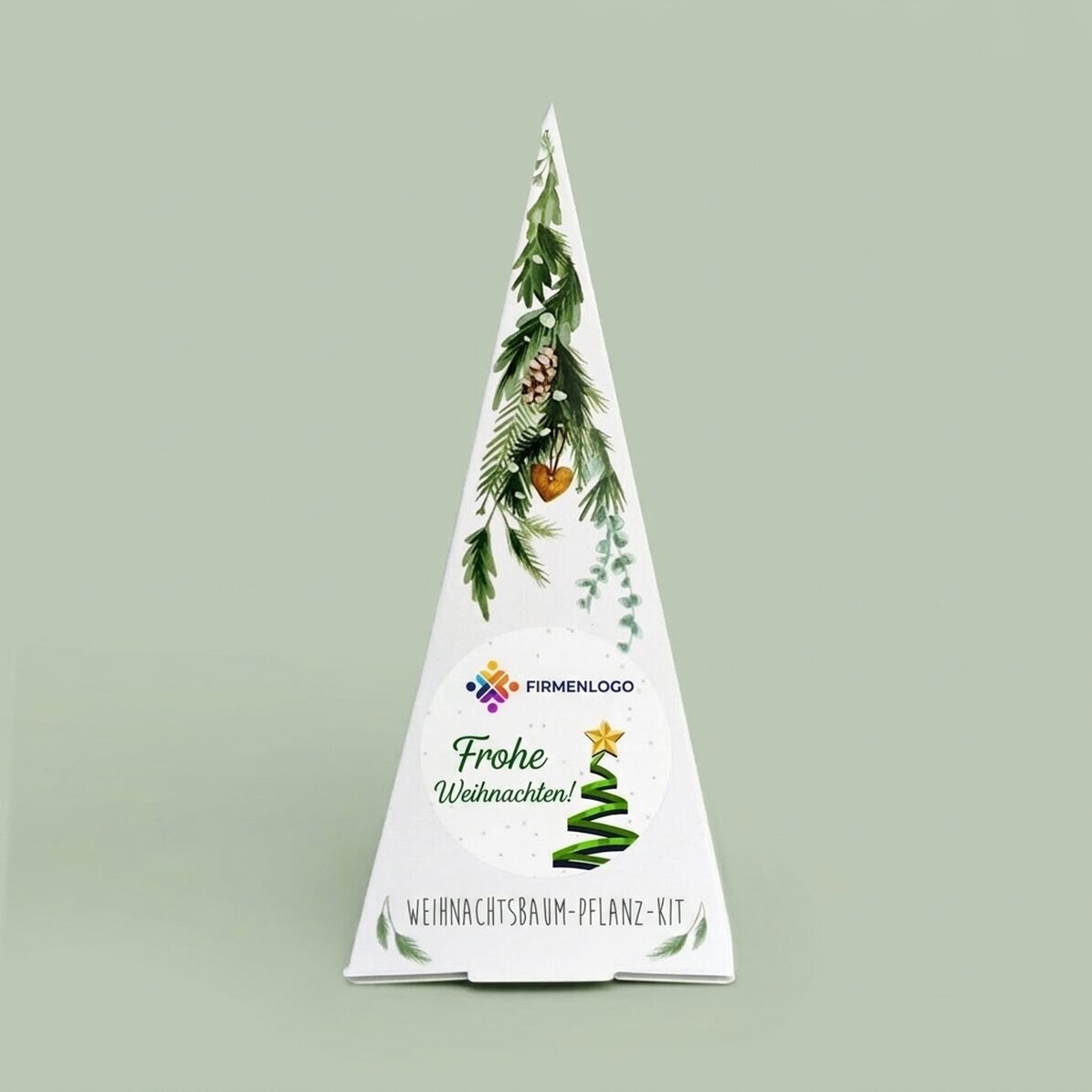 Individuell gestaltetes Tannenbaum-Pflanzset mit Logo und Botschaft – Frohe Weihnachten