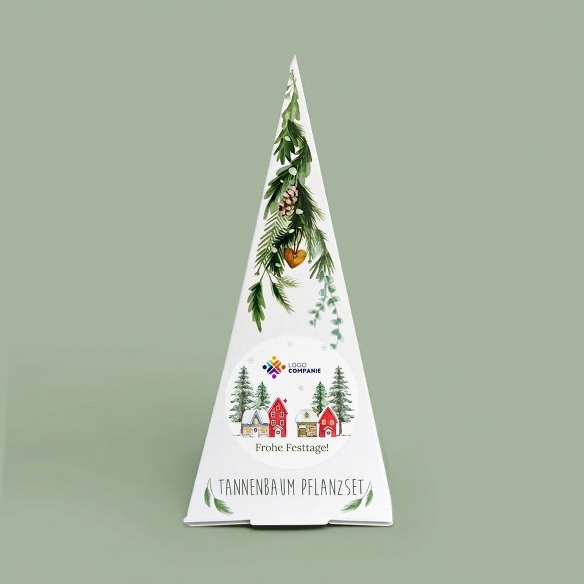 Individuell gestaltetes Tannenbaum-Pflanzset mit Logo und Botschaft – Frohe Feiertage!