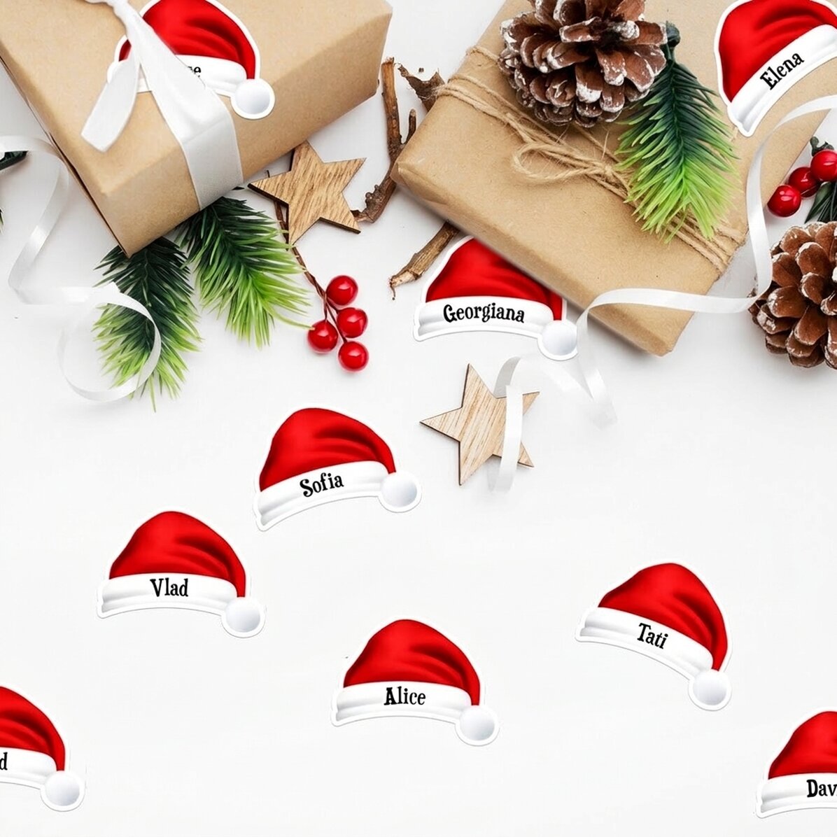 Set mit 12 individuell mit Namen bedruckten Aufklebern (selbstklebende Etiketten) – Weihnachtsmann