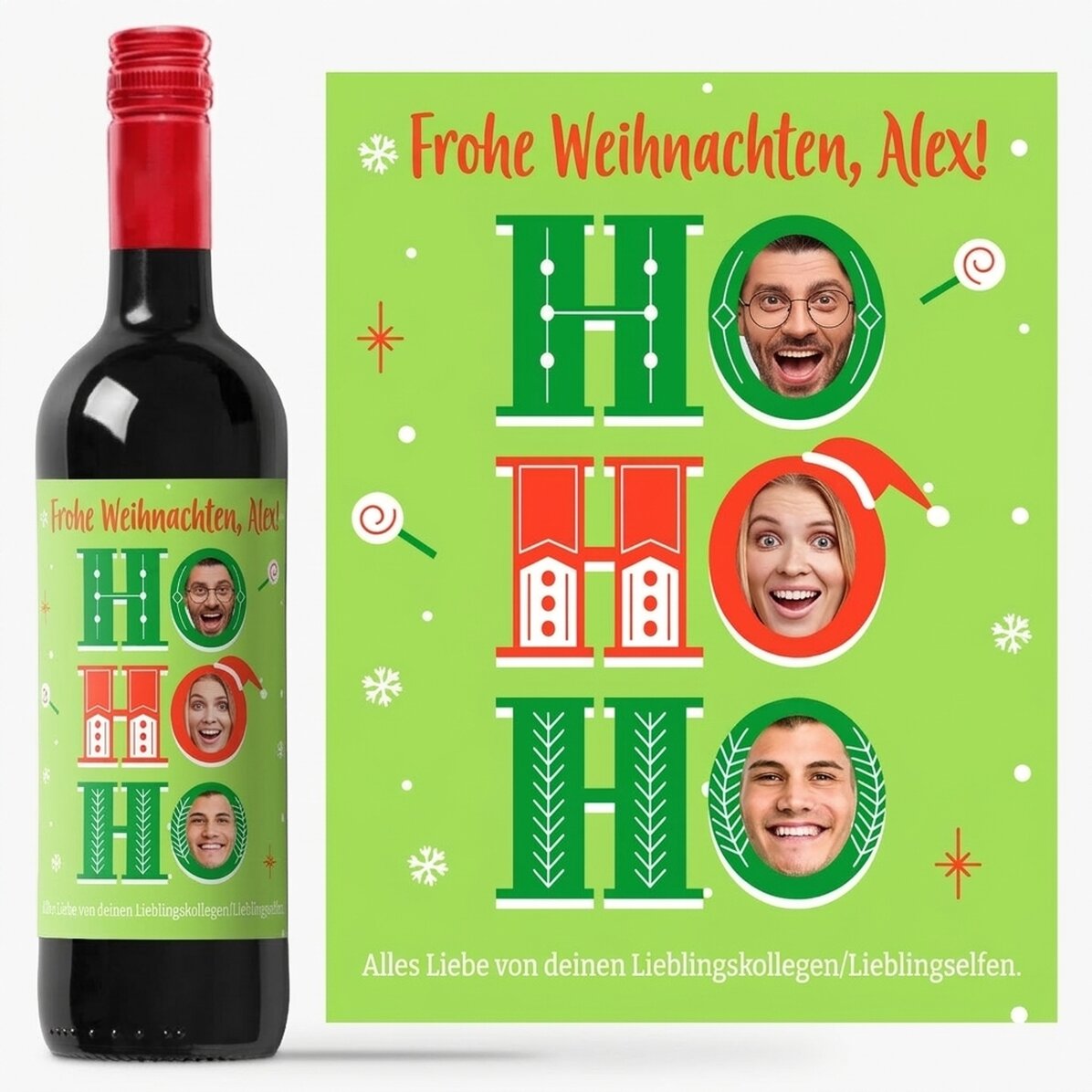 Personalisierter Wein mit einer Botschaft und 3 Weihnachtsfotos – HO HO HO