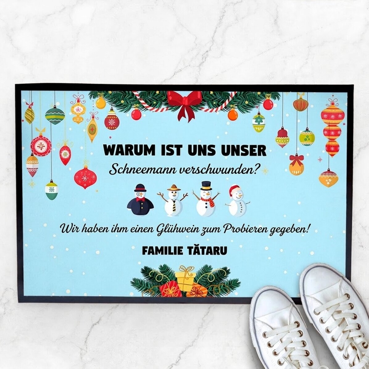 Individuell gestaltete Fußmatte mit Text und Weihnachtsmotiv – Schneemann