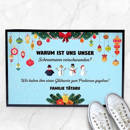 Individuell gestaltete Fußmatte mit Text und Weihnachtsmotiv – Schneemann