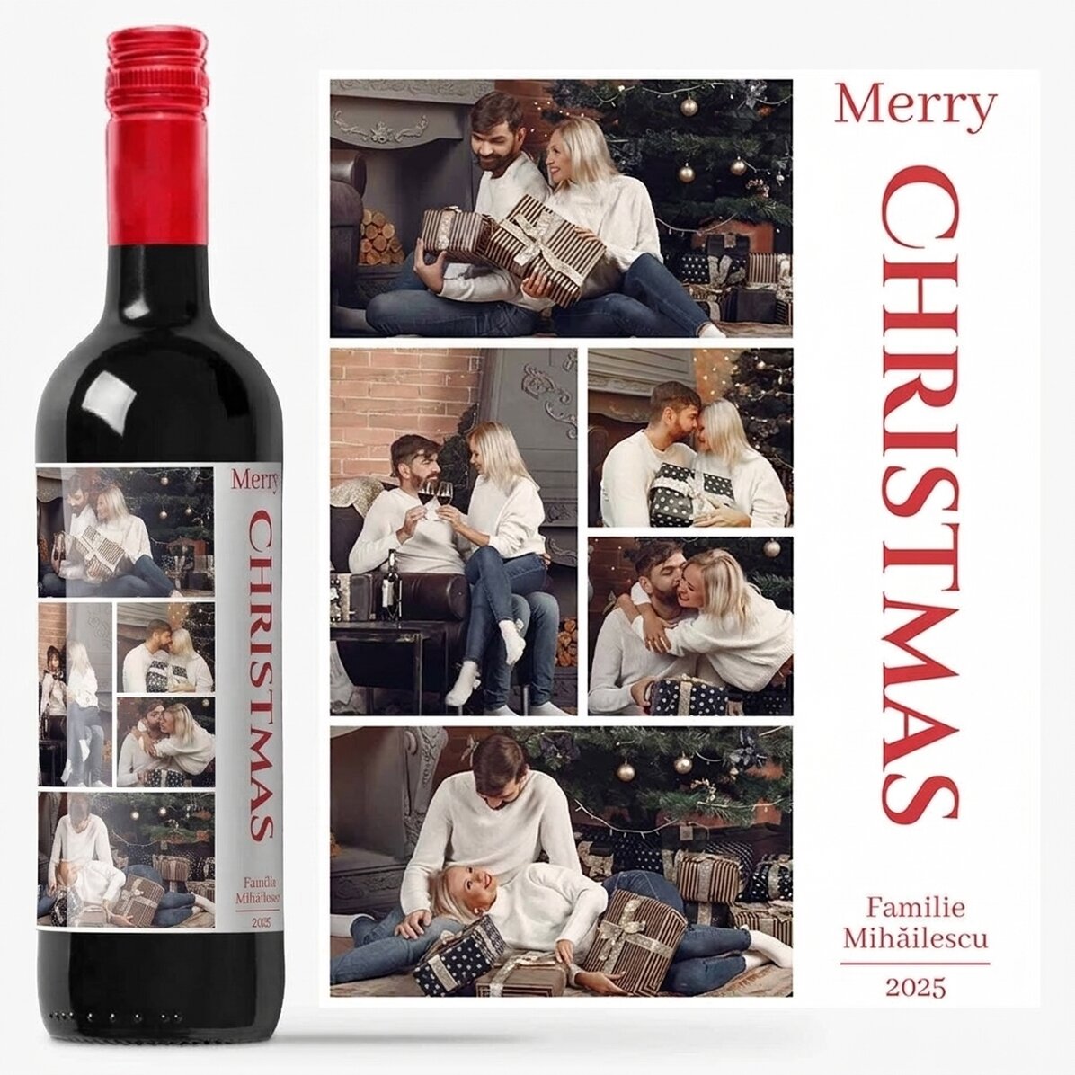 Personalisierter Wein mit einer Botschaft und 5 Weihnachtsfotos – Frohe Weihnachten!