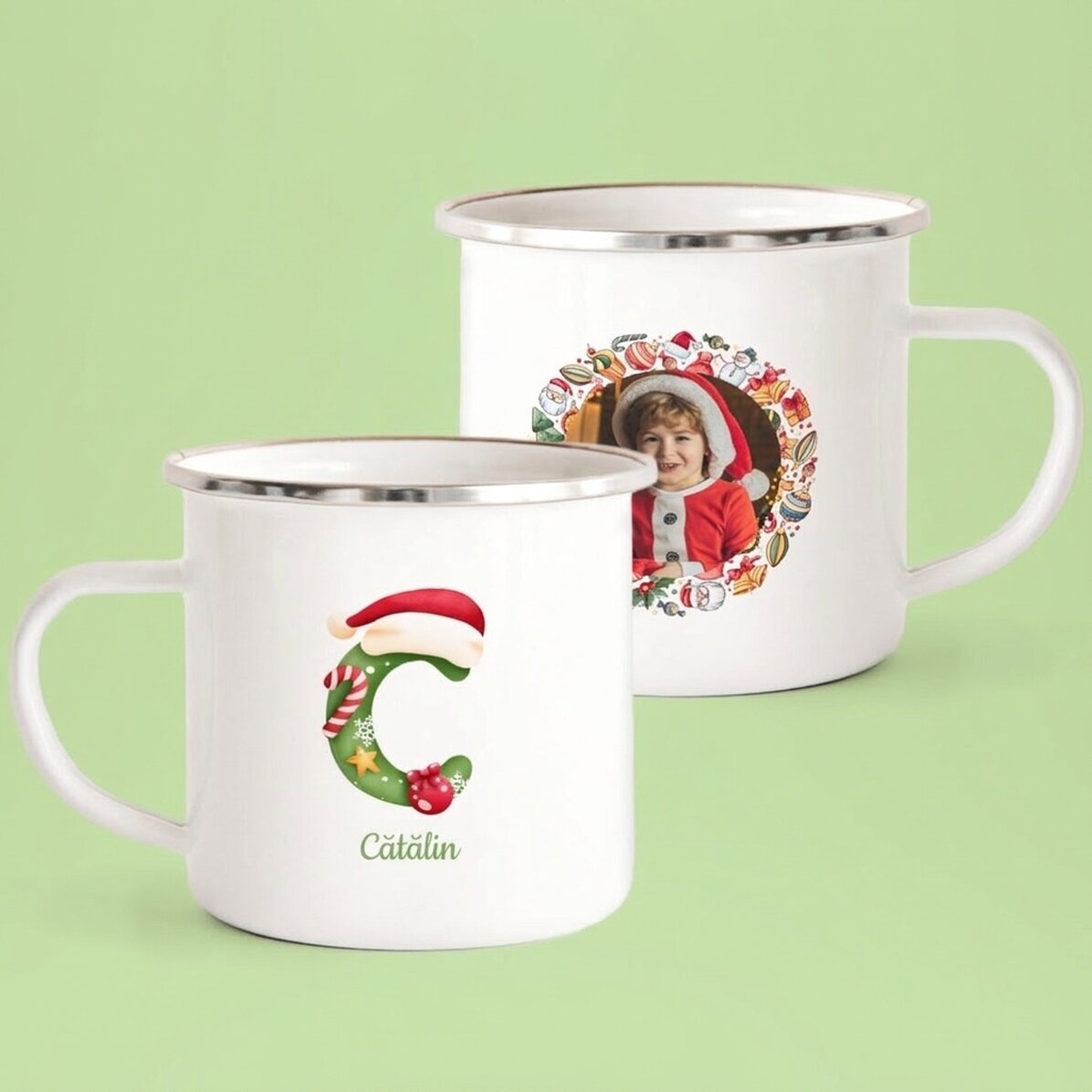 Personalisierte Emaille-Tasse mit Text und einem Foto – Weihnachten