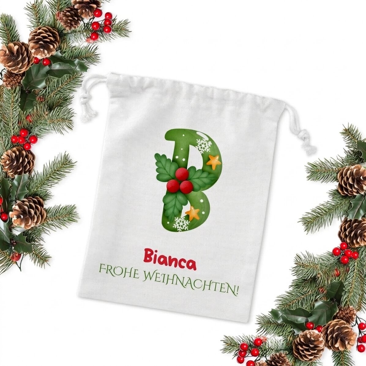 Kleiner Geschenksack, individuell mit Namen bedruckt – Weihnachten