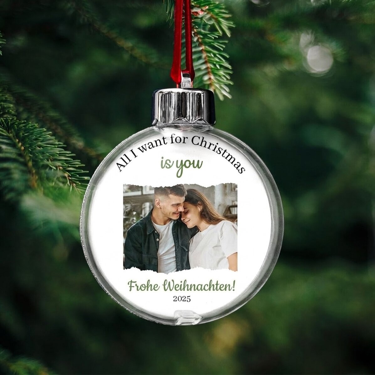 Personalisierte Kugel mit einer Botschaft und einem Foto – All I want for Christmas