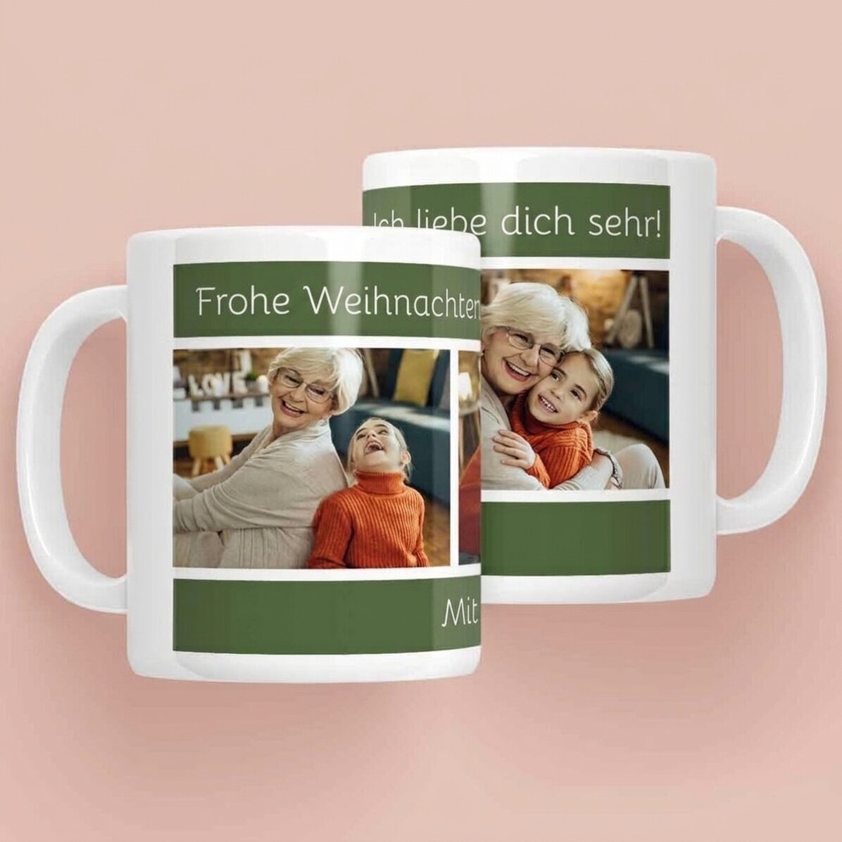 Personalisierte Tasse mit Text und 3 Fotos – Frohe Weihnachten!
