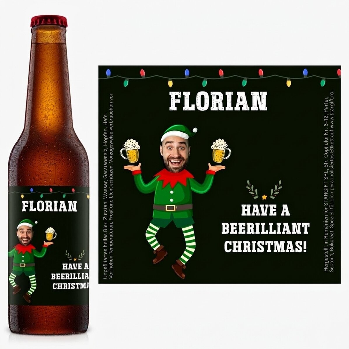 Personalisiertes Bier mit Foto und Weihnachtsgruß – Elf