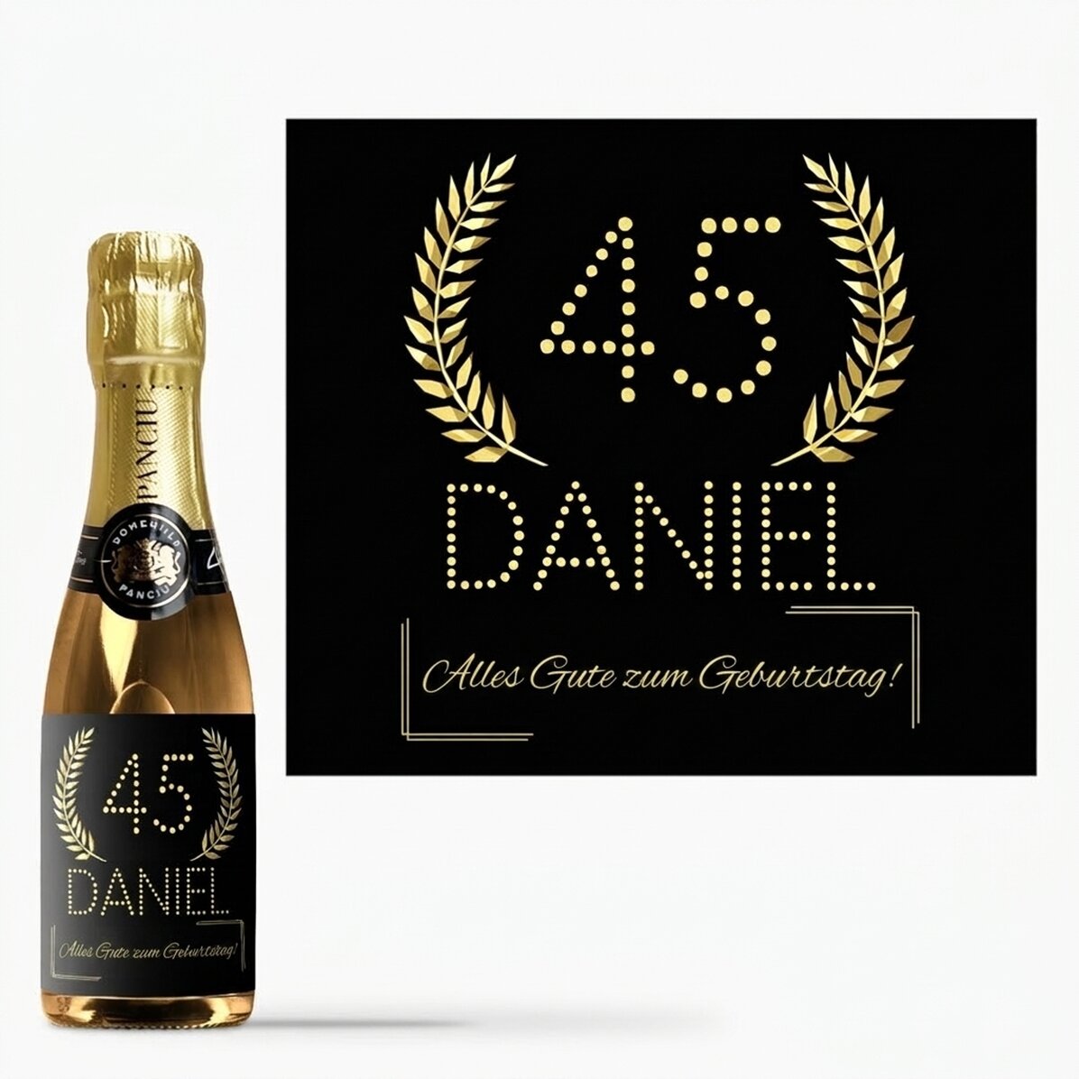 Kleine Sektflasche mit individueller Beschriftung zum Geburtstag – Gold