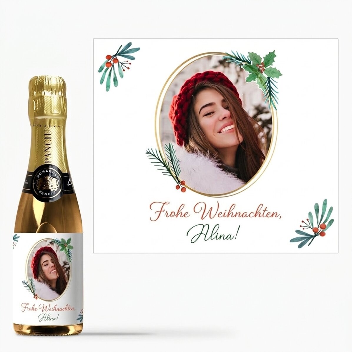 Kleine Flasche Sekt, individuell gestaltet mit Foto und Weihnachtstext
