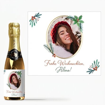 Kleine Flasche Sekt, individuell gestaltet mit Foto und Weihnachtstext