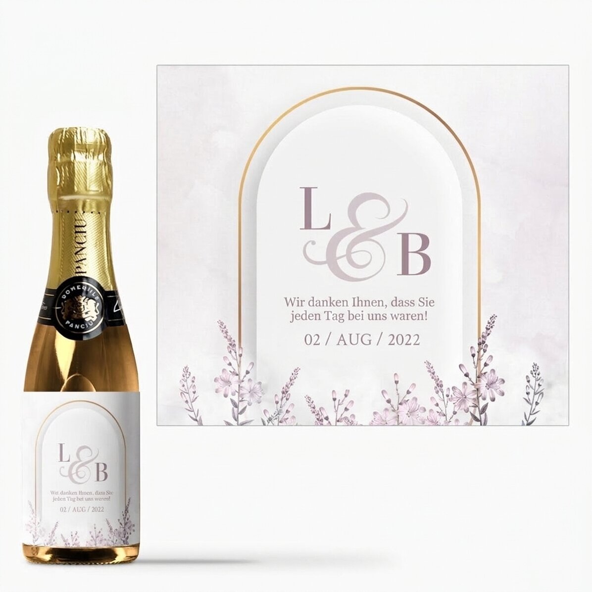 Kleine, mit einem Text personalisierte Sektflasche – Hochzeitsgeschenk