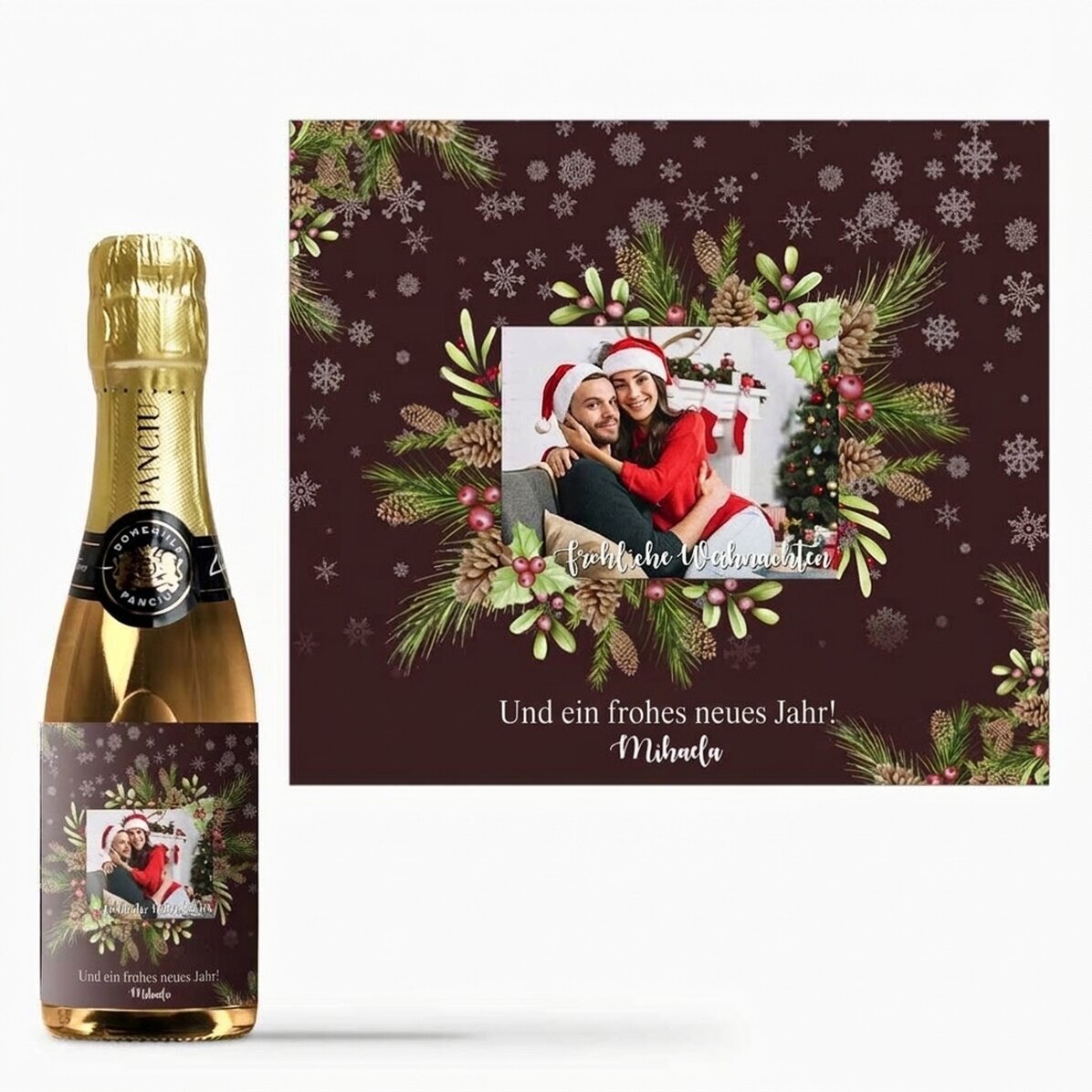 Kleine Sektflasche, individuell gestaltet mit Foto und Text – Weihnachtsdekoration