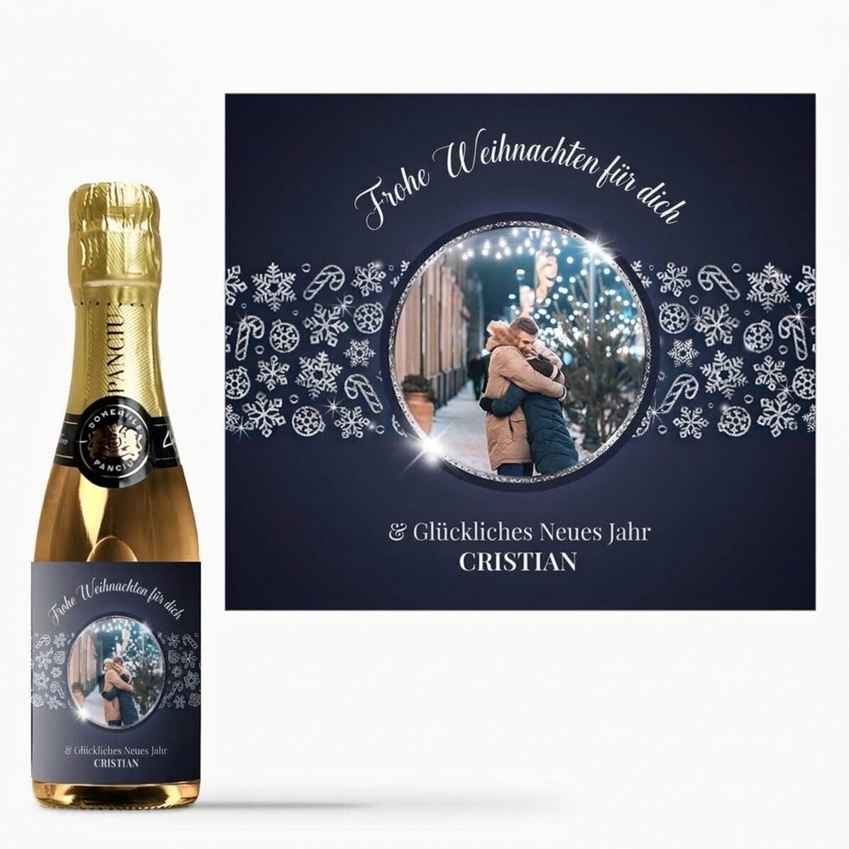 Kleine Sektflasche, individuell gestaltet mit Foto und Text – Shiny Snowflakes