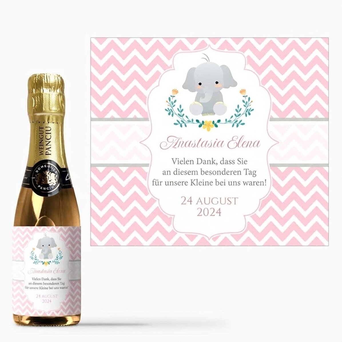 Kleine Flasche Sekt als personalisiertes Taufgeschenk mit Text – Elefant