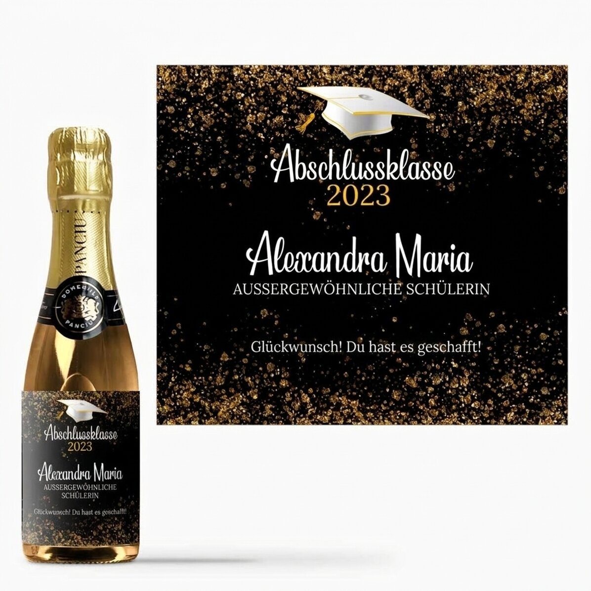 Kleine Sektflasche zum Schulabschluss, individuell mit dem Text „Outstanding student“ bedruckt
