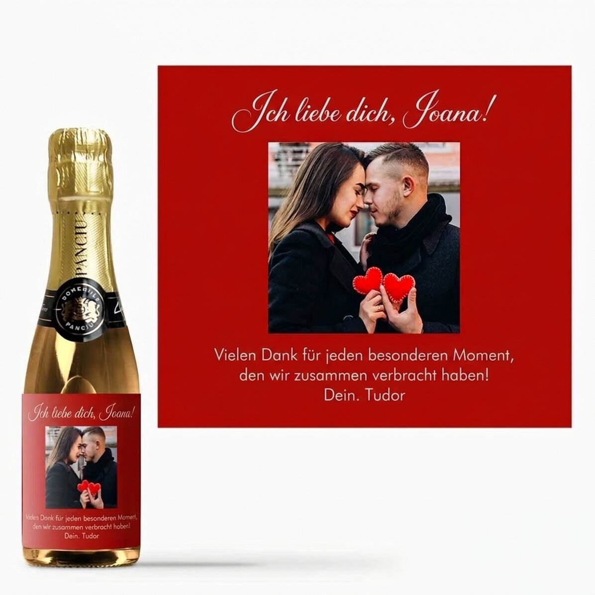 Kleine Sektflasche, individuell gestaltet mit einem Foto und einer Botschaft für die Liebsten