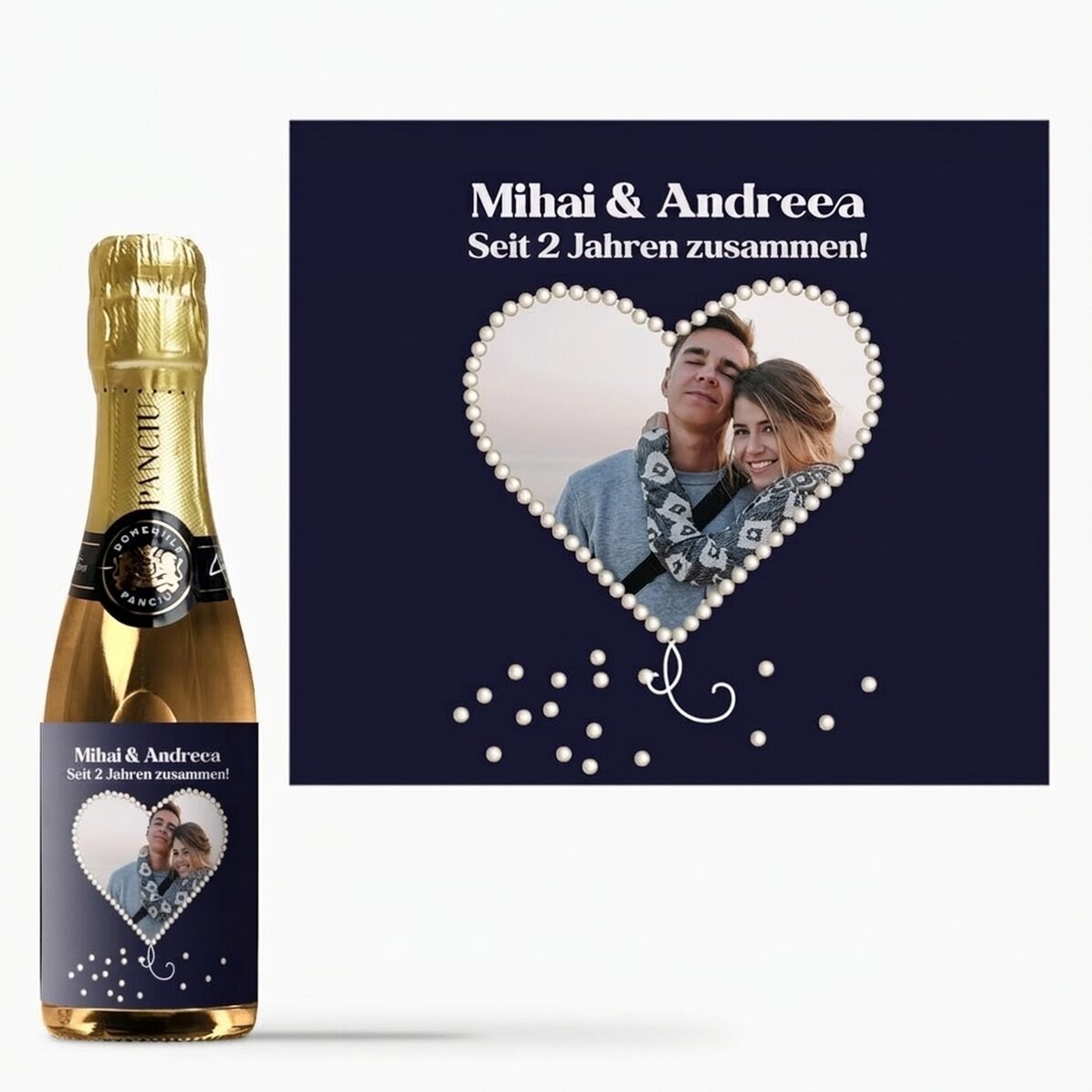 Kleine Sektflasche, personalisiert mit einem Foto in Form eines perlmuttfarbenen Herzens