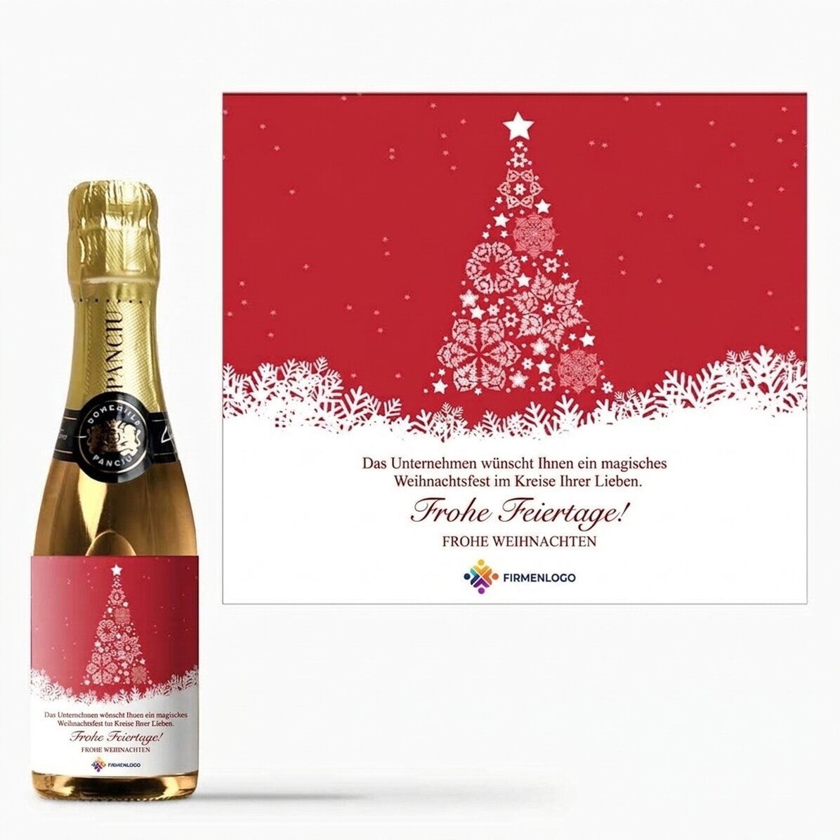 Kleine Sektflasche, individuell gestaltet mit Text und Logo – Weihnachtszauber