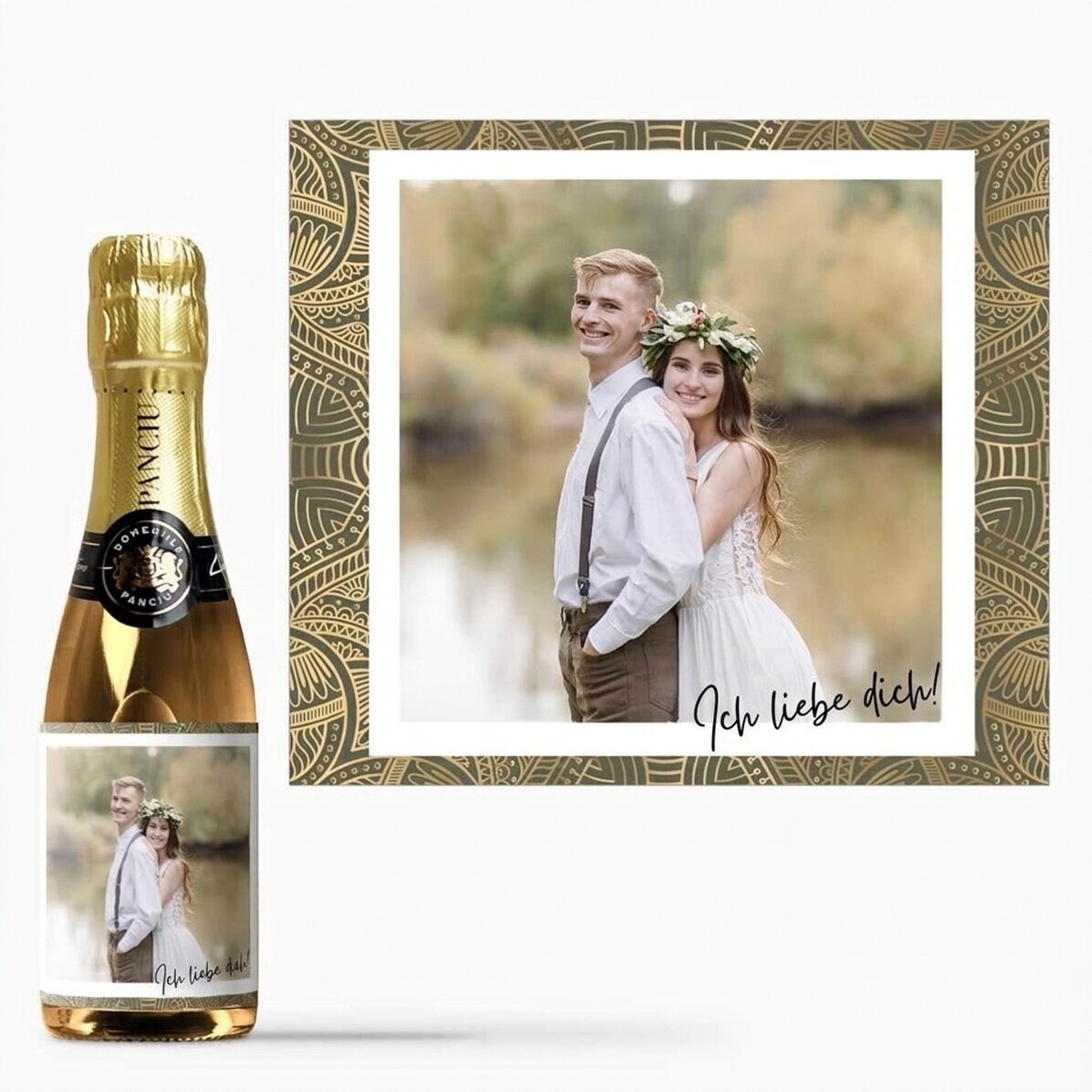Kleine Sektflasche, individuell gestaltet mit einem Foto – Ich liebe dich!