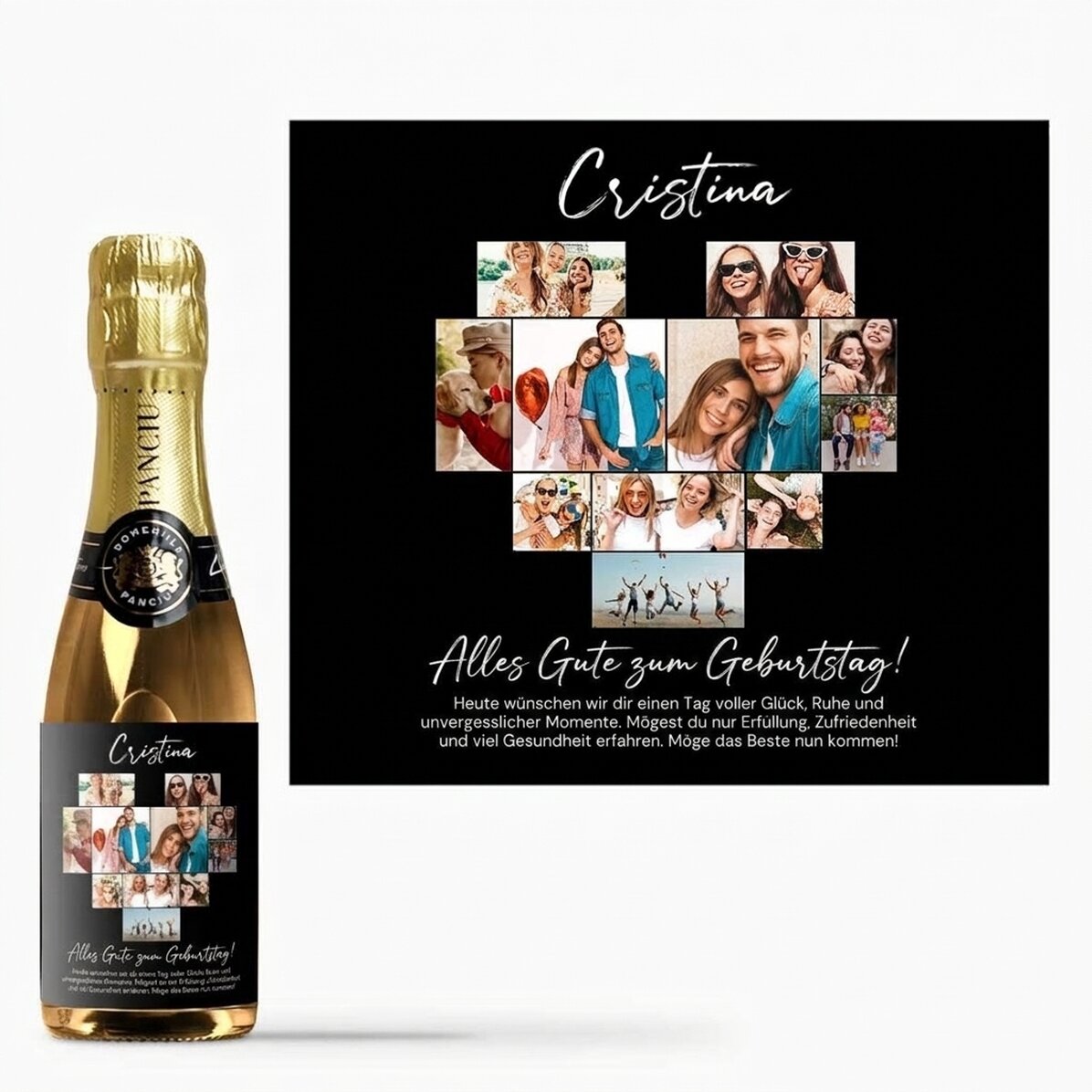 Personalisierte Mini-Sektflasche mit 11 Fotos und einer Botschaft