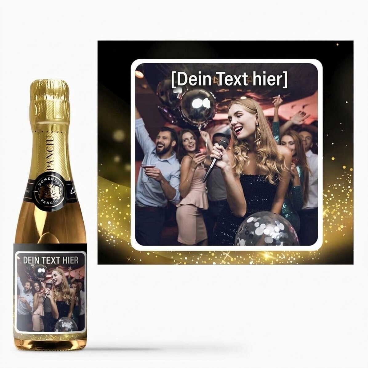 Kleine Sektflasche, individuell gestaltet mit einem Foto – Gold