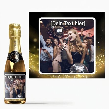 Kleine Sektflasche, individuell gestaltet mit einem Foto – Gold