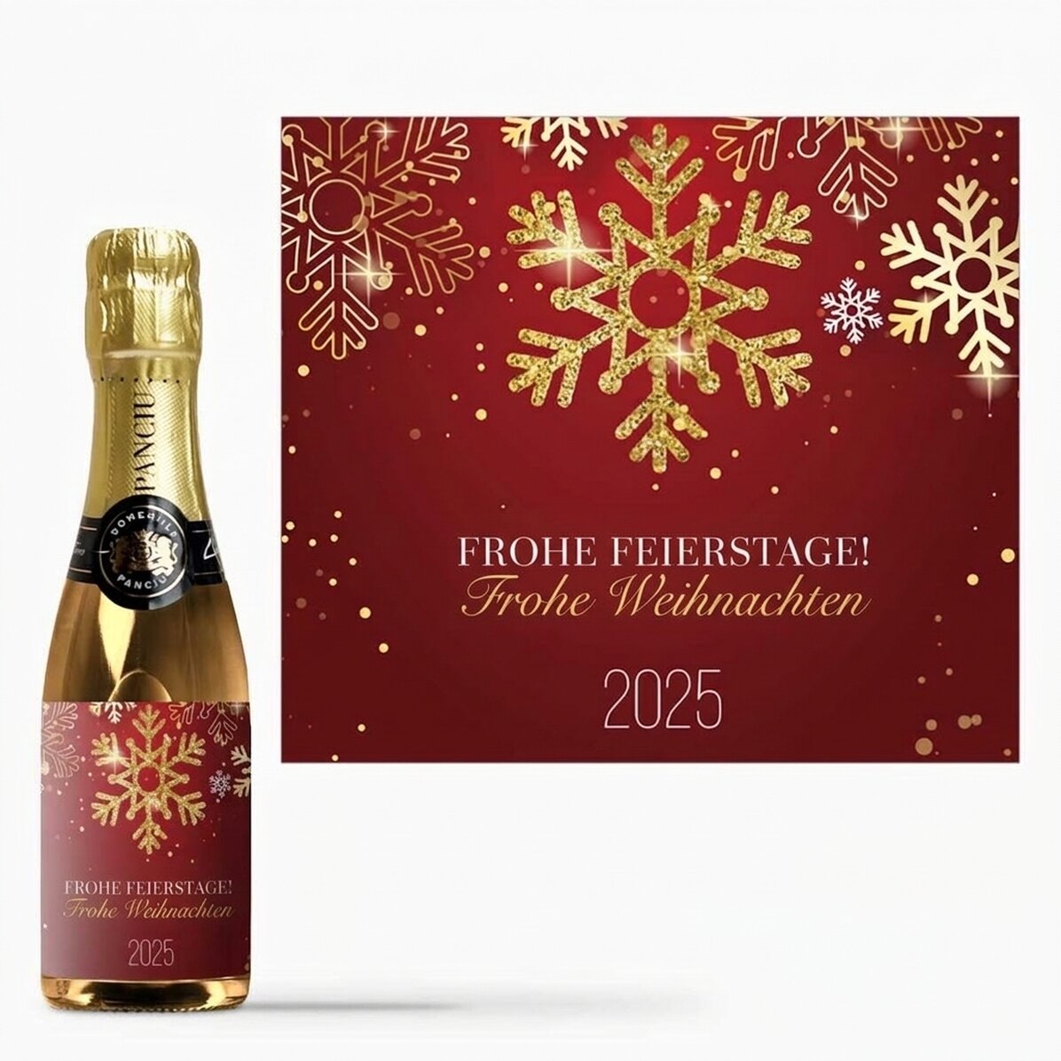 Kleine, mit einem Text personalisierte Sektflasche – Schneeflocken