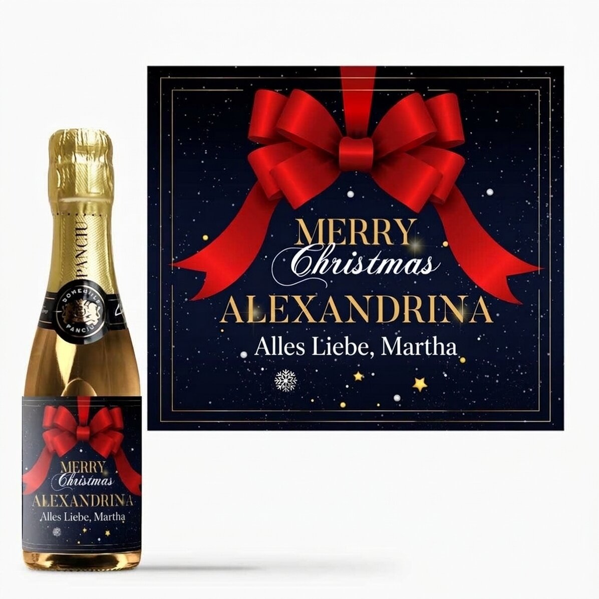 Kleine, mit einem Text personalisierte Sektflasche – Glamorous Christmas
