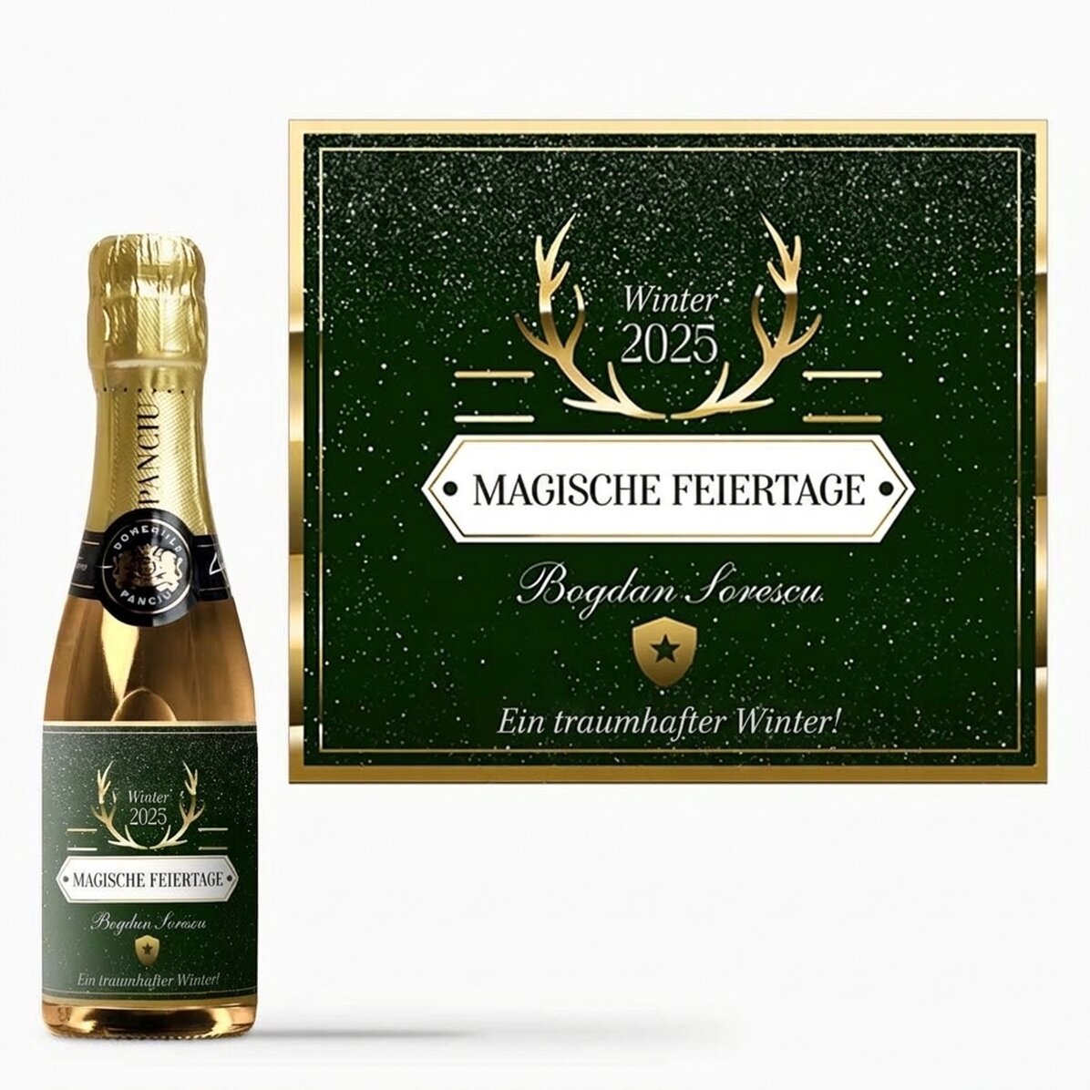 Kleine, mit einem Text personalisierte Sektflasche – Golden Antlers