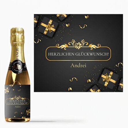 Kleine, personalisierte Sektflasche mit Grußbotschaft – Herzlichen Glückwunsch zum Geburtstag
