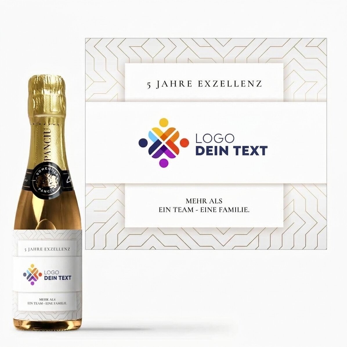 Personalisierte Mini-Sektflasche mit Text, Variante „White“ – Markenjubiläum