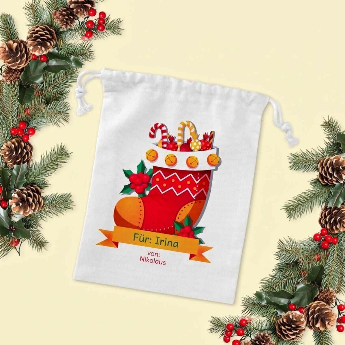 Kleiner Geschenksack, individuell mit Namen bedruckt – vom Nikolaus