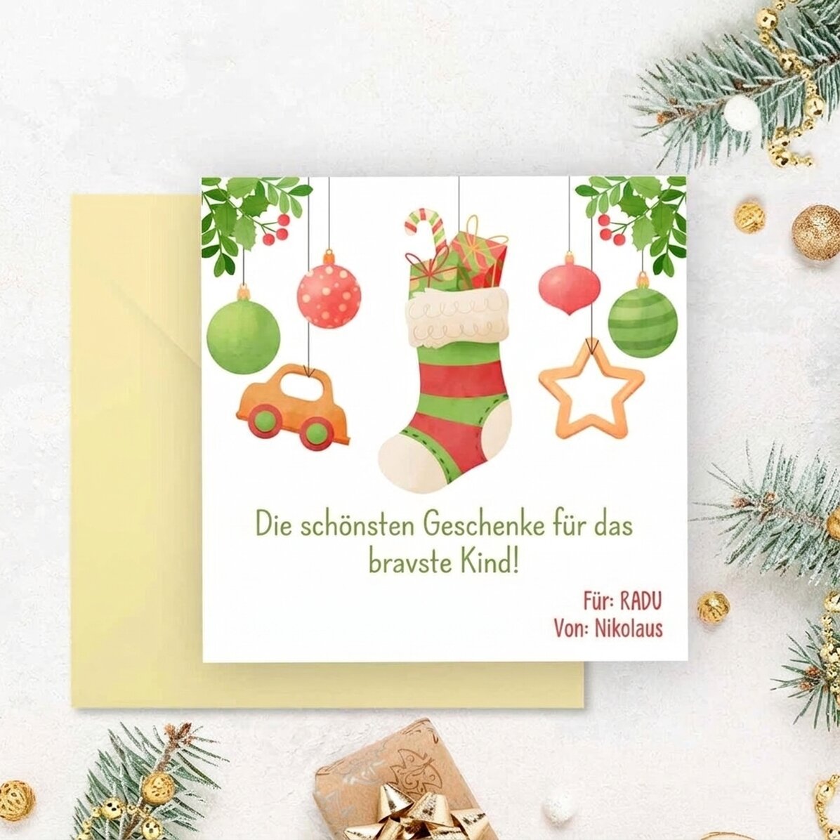 Individuell gestaltete quadratische Karte mit Botschaft – Botschaft vom Nikolaus