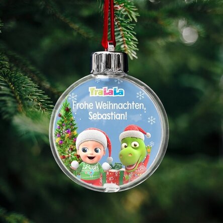 Individuell gestaltete, beidseitig bedruckte, transparente Kugel mit Text und Foto – Weihnachten mit