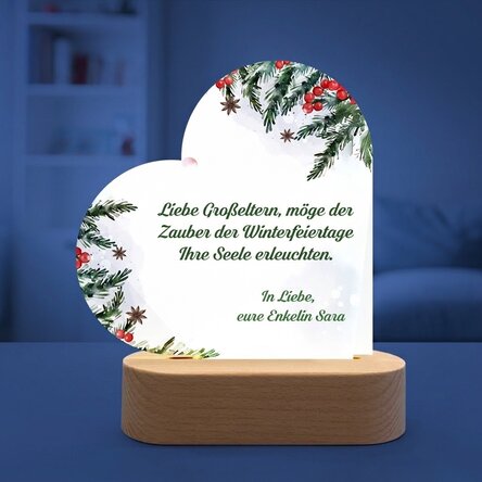Personalisierte LED-Nachtlampe in Herzform mit Weihnachtsbotschaft