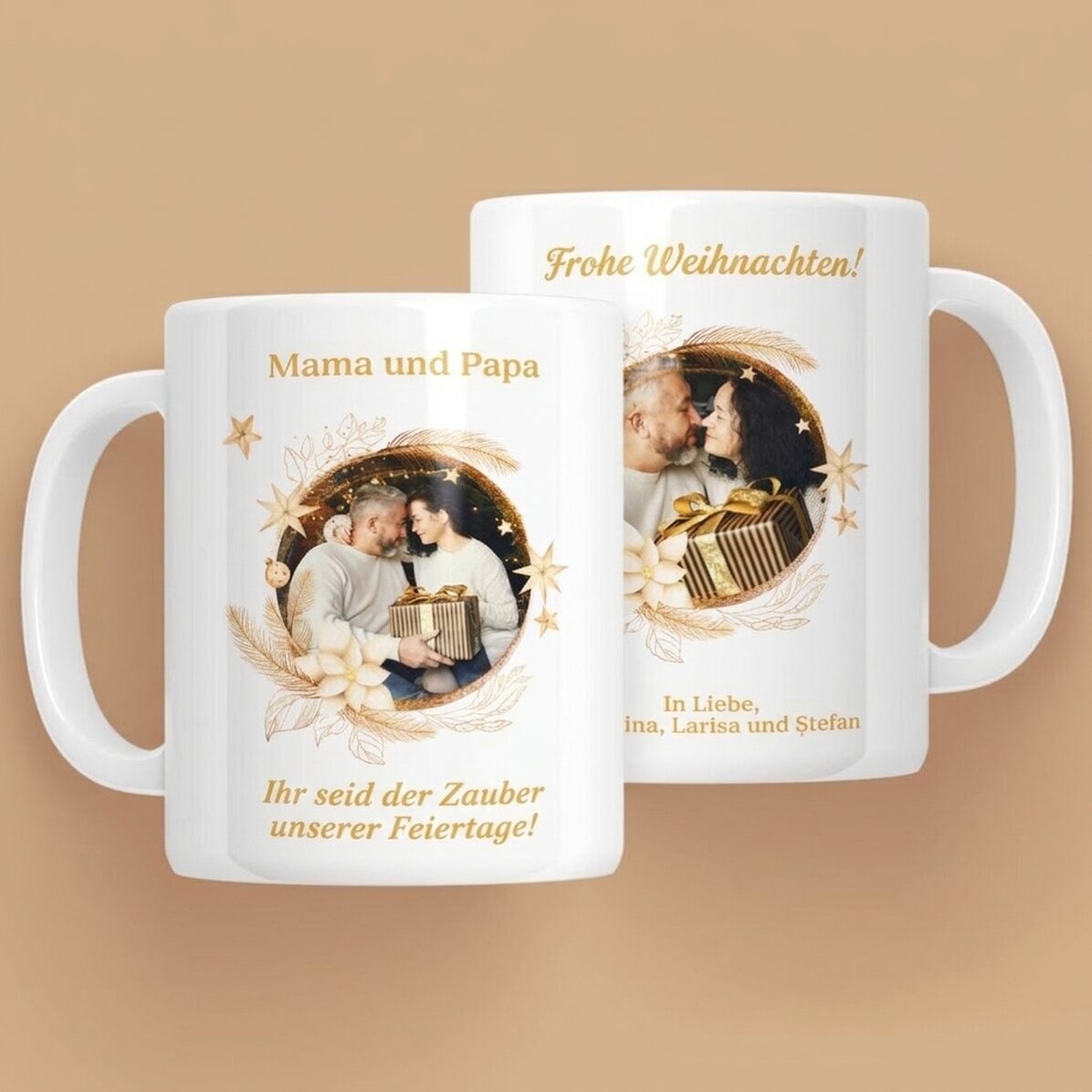 Personalisierte Tasse mit Text und 2 Fotos – Der Zauber der Feiertage