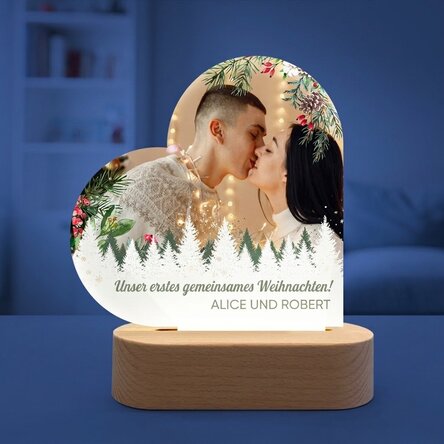 Personalisierte LED-Nachtlampe in Herzform mit Foto und Botschaft – Frohe Weihnachten