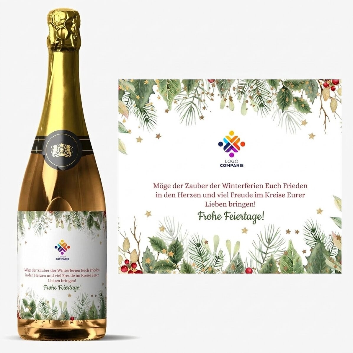 Personalisierter Sekt mit Text und Logo – Frohe Feiertage!