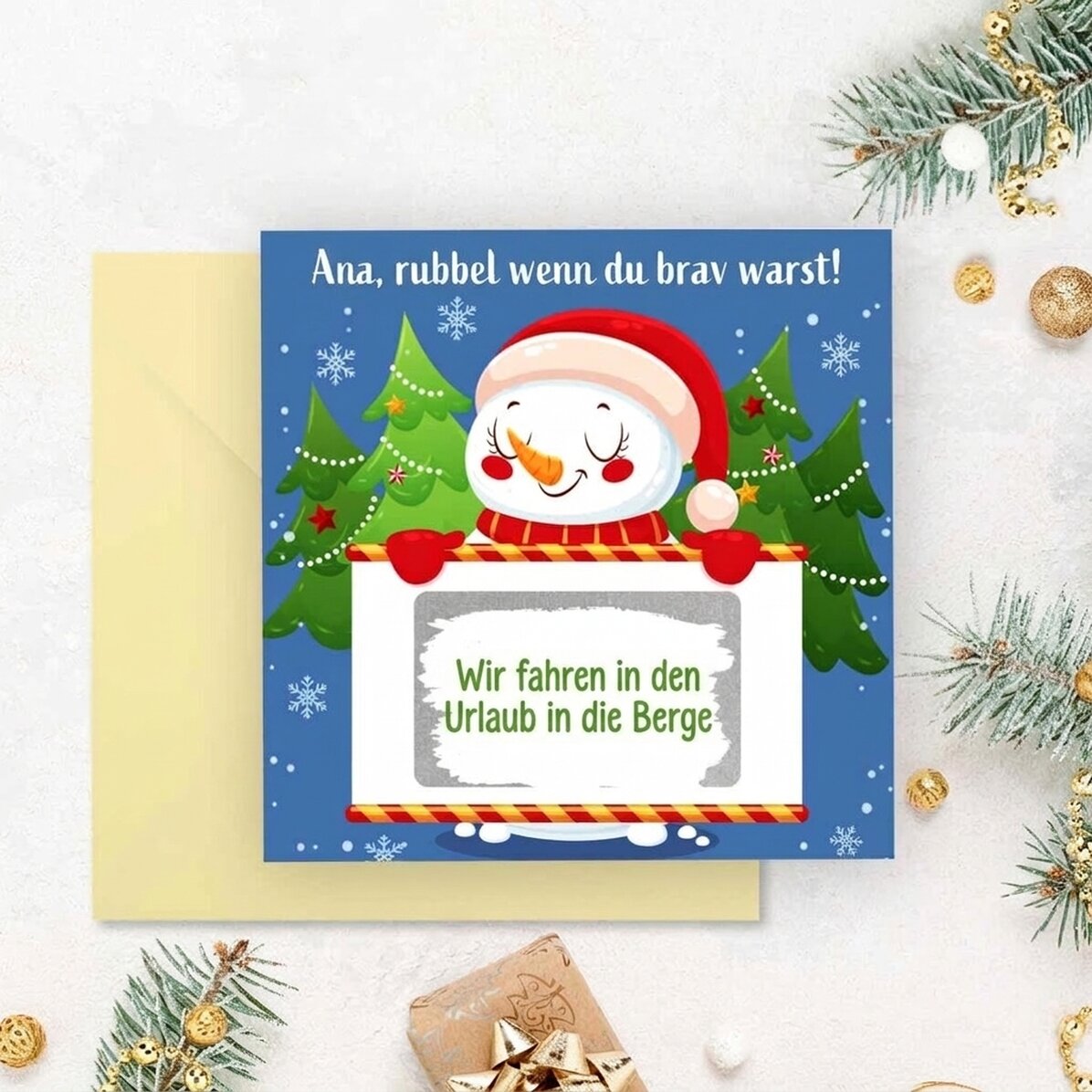 Personalisierte Rubbelkarte mit Botschaft – Schneemann