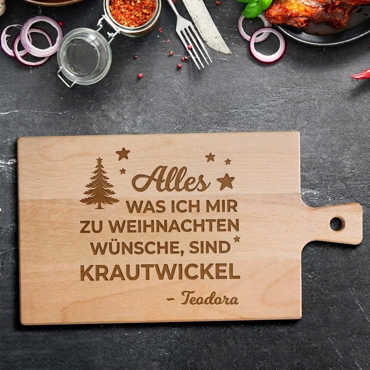 Individuell gestaltetes Premium-Schneidebrett mit Griff – Frohe Weihnachten