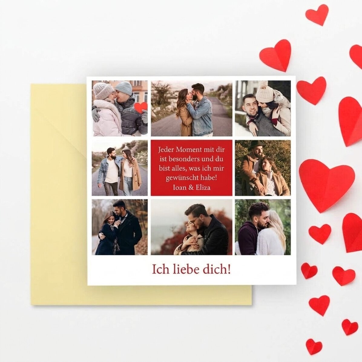 Individuell gestaltete quadratische Karte mit 8 Fotos und einer Botschaft – Love