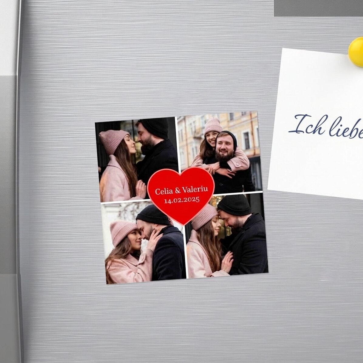 Individuell gestalteter Magnet 10x10 mit 4 Fotos und Text – Herz