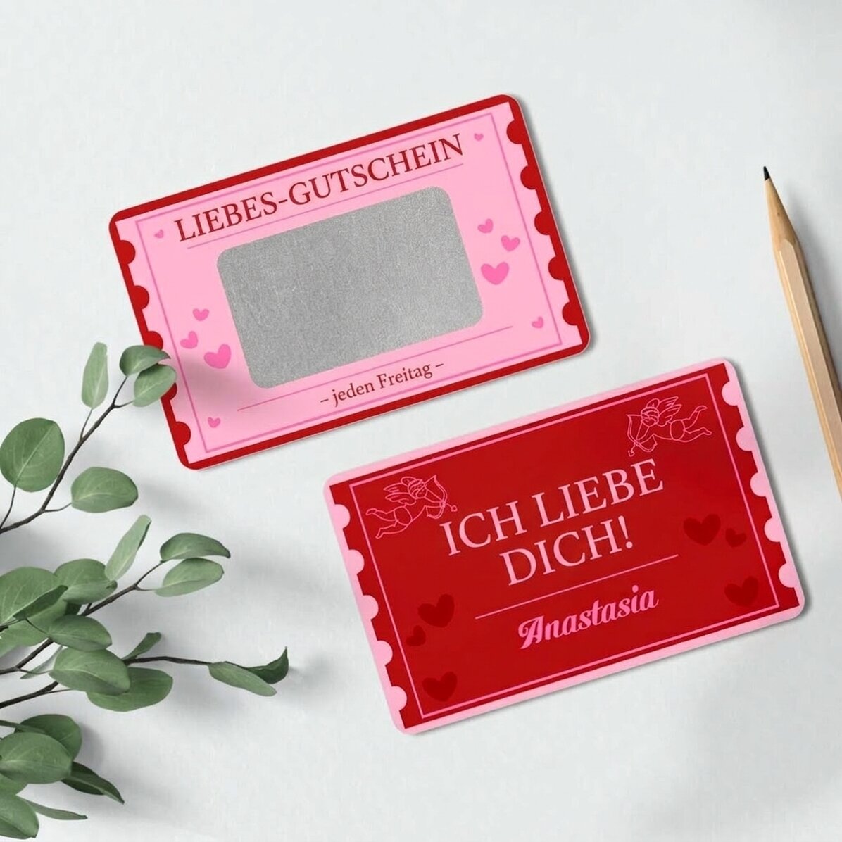 Individuell gestaltete, beidseitig bedruckte Aluminium-Rubbelkarte mit Botschaft – Love Coupon