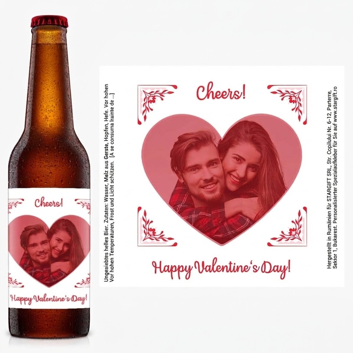 Individuell gestaltetes Bier mit Foto und Botschaft – Happy Valentine