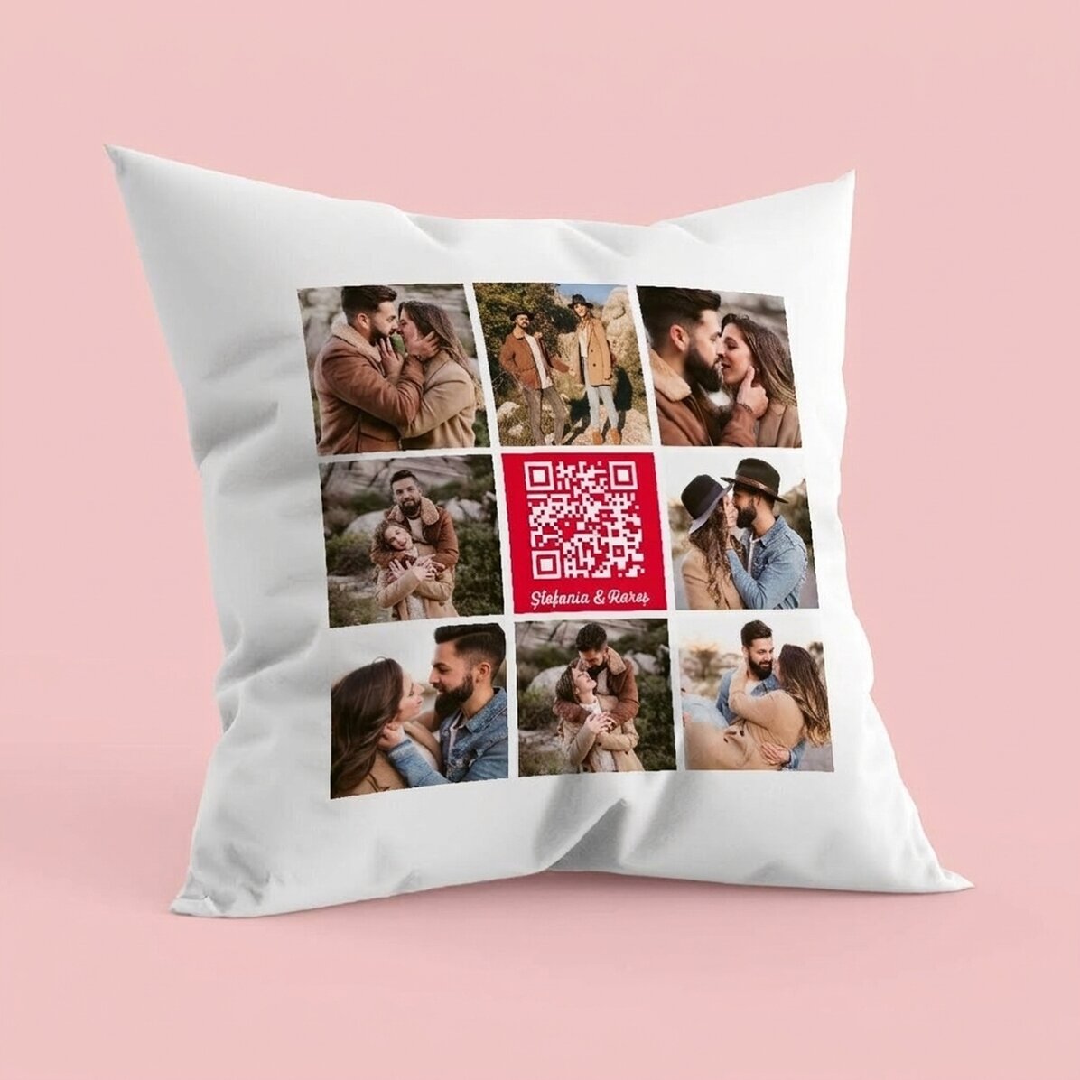Personalisiertes Kissen mit 8 Fotos, Text und QR-Code – Unser Lied