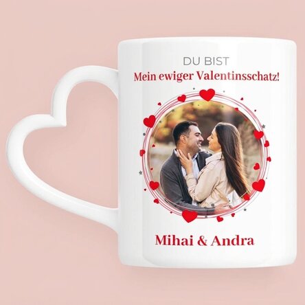 Personalisierter Becher mit Foto und Text – Forever – Modell mit herzförmigem Henkel